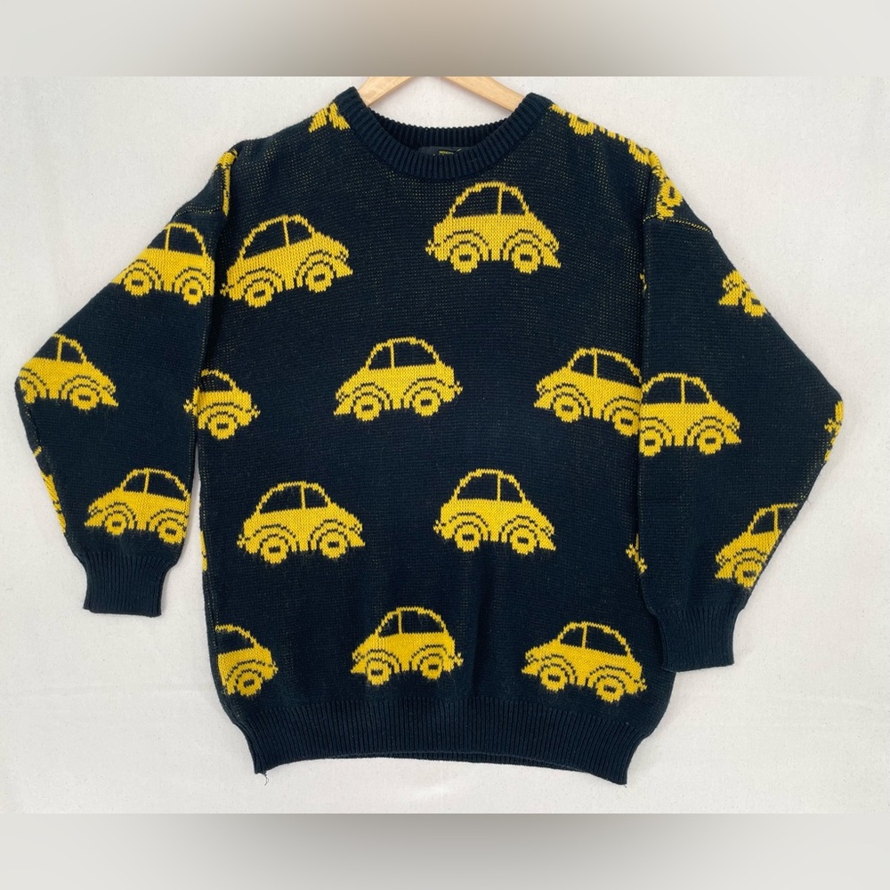 Vintage 1980s Novelty Yellow Volkswagen Beetle Knit Sweater